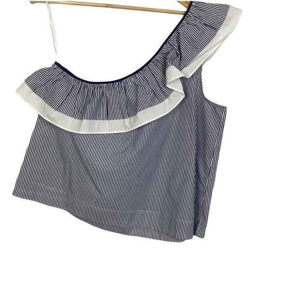 Jcrew one shoulder ruffle top blouse stripe blue and white Size 16 NWT - Picture 3 of 11